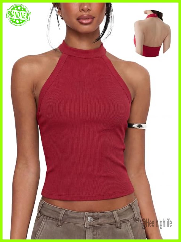Halter Tank Top Padded Cotton Ribbed High Neck Backless Top